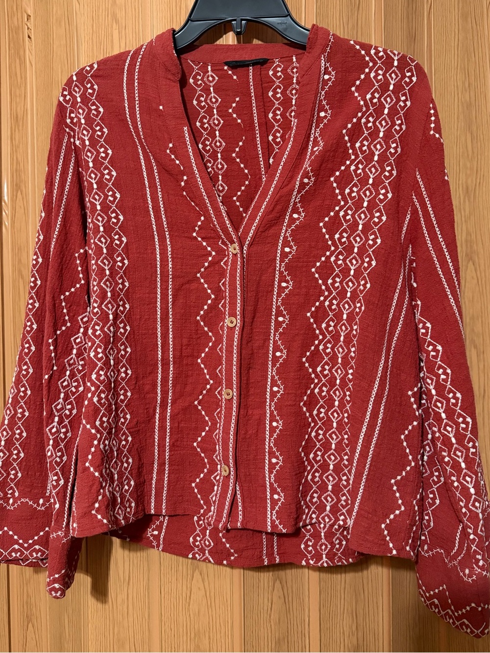 Zara Embroidered Cotton Top in Rust with Wide sleeves
